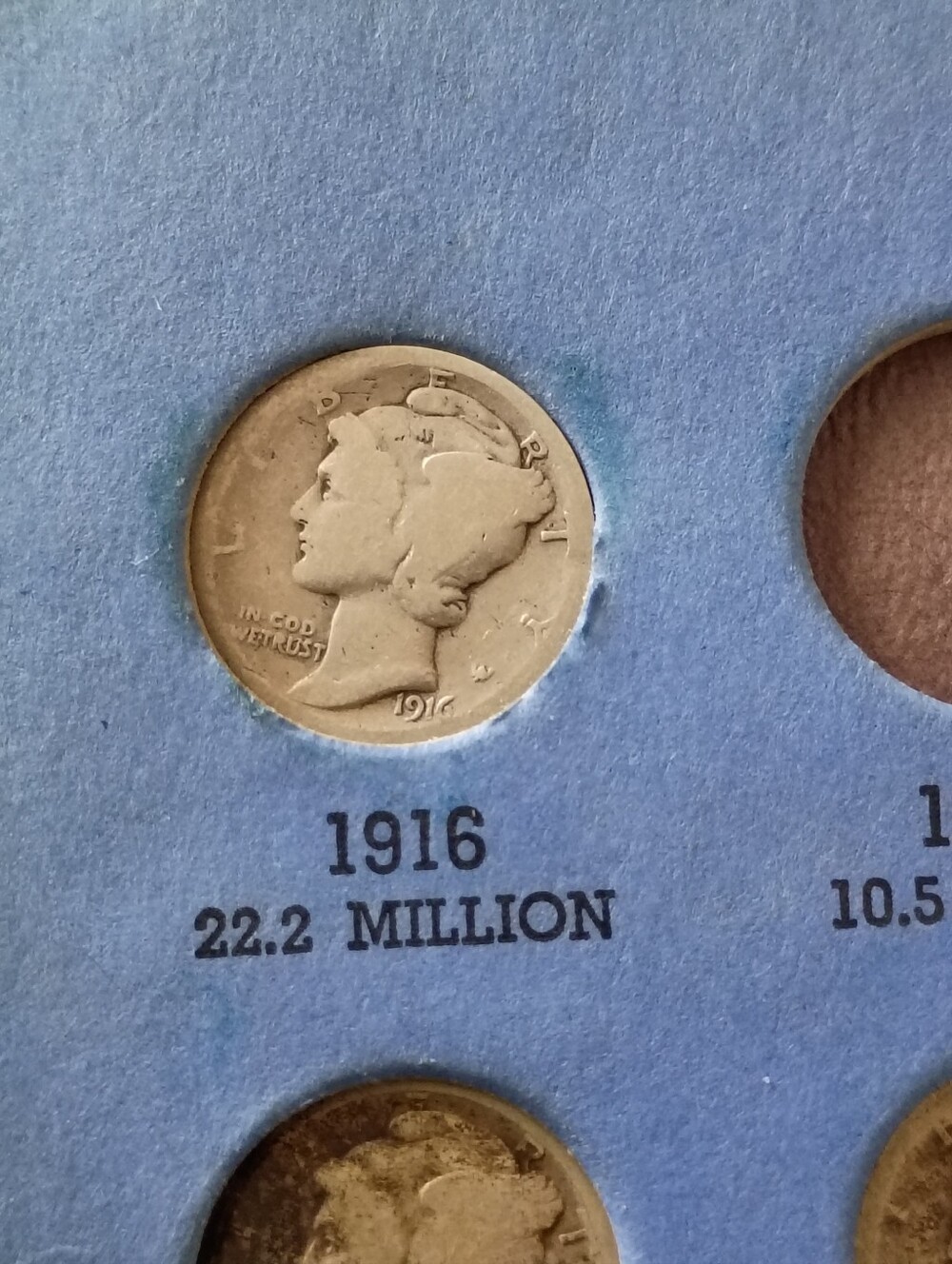1916 Mercury Dime in Blue Display Holder - Silver Tone